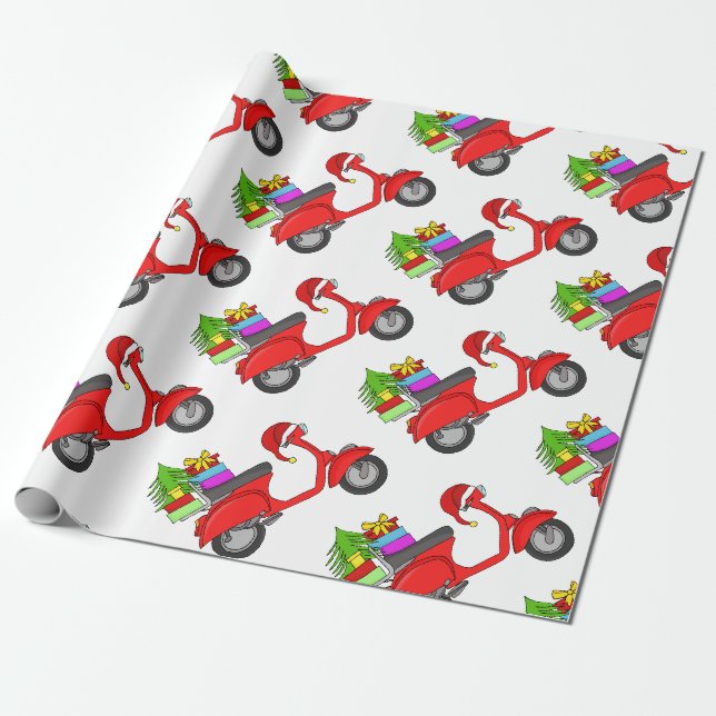 Hand drawn retro Christmas scooter Wrapping Paper (Unrolled)