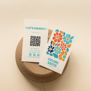 Hand Drawn Retro Colorful QR Code Boho Floral Business Card