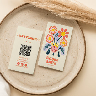 Hand Drawn Retro Colourful QR Code Floral Unique Business Card