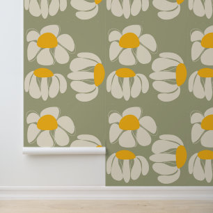 Hand Drawn Retro Dasies Big Floral Green Wallpaper