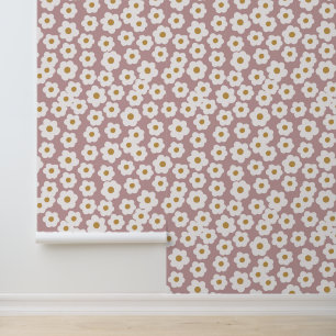 Hand Drawn Retro Dasies Pink Floral Wallpaper