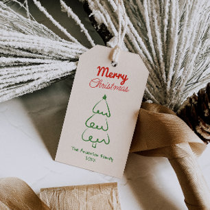 Hand Drawn Retro Red Green Christmas Tree Vintage Gift Tags