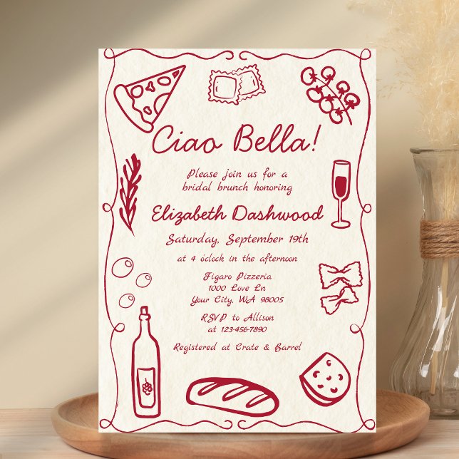 Hand Drawn Retro Red Italian Casual Bridal Brunch Invitation (Creator Uploaded)