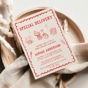Hand Drawn Retro Red Special Delivery Baby Shower Invitation