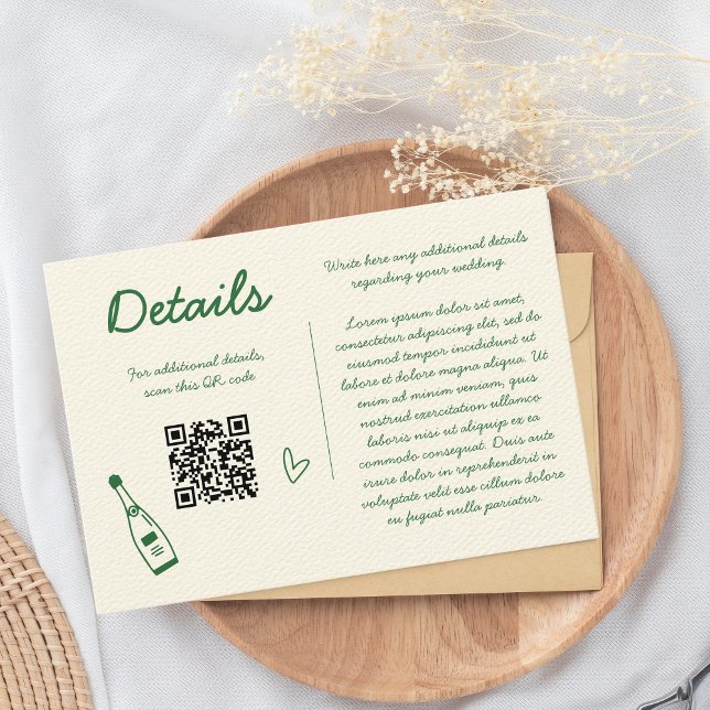 Hand Drawn Retro Sketch Green Wedding Details QR Enclosure Card (Details green enclosure card, wedding qr code)