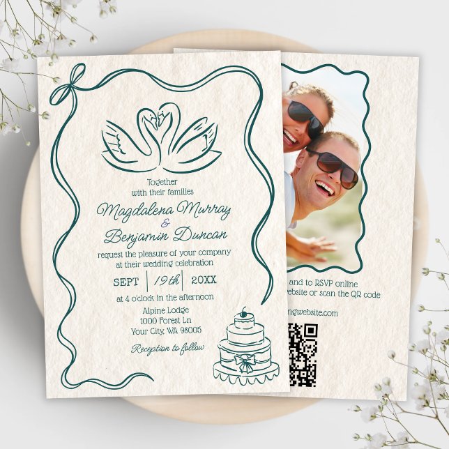 Hand Drawn Retro Swans Photo All in One Wedding Invitation (Creator Uploaded)