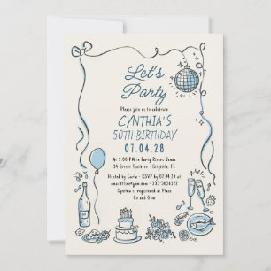Hand Drawn Retro Whimsical Quirky Adult Birthday Invitation
