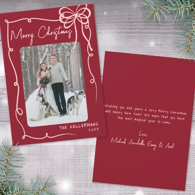 Hand Drawn Ribbon Bow Red Retro Christmas Holiday Card (Hand Drawn Ribbon Bow Red Retro Christmas Holiday Card)