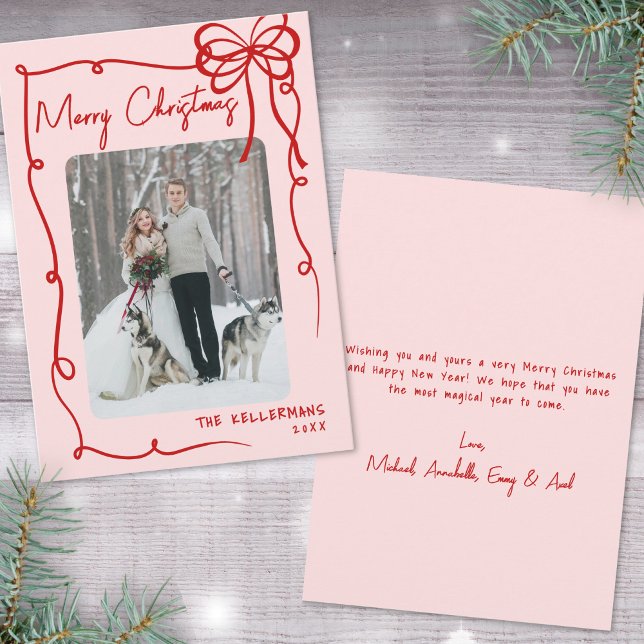 Hand Drawn Ribbon Bow Retro Christmas Holiday Card (Hand Drawn Ribbon Bow Retro Christmas Holiday Card)