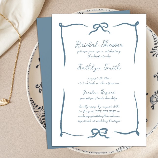 Hand Drawn Ribbon Dusty Blue Modern Bridal Shower Invitation (Creator Uploaded)