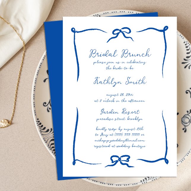 Hand Drawn Ribbon French Blue Modern Bridal Brunch Invitation (Creator Uploaded)