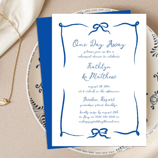 Hand Drawn Ribbon French Blue Modern One Day Away Invitation (Creator Uploaded)