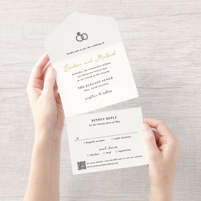 Hand Drawn Rings Doodle QR Code Modern Wedding All In One Invitation (Tearaway)