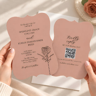 Hand Drawn Rose Dusty Terracotta QR Wedding Invitation