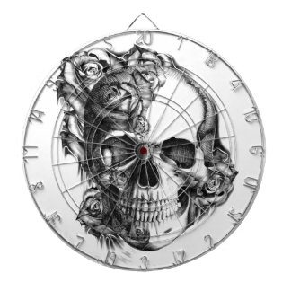 Hand drawn rose skull in black and white. dartboard