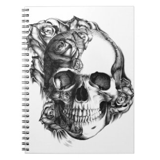 Hand drawn rose skull in black and white. spiral notebook