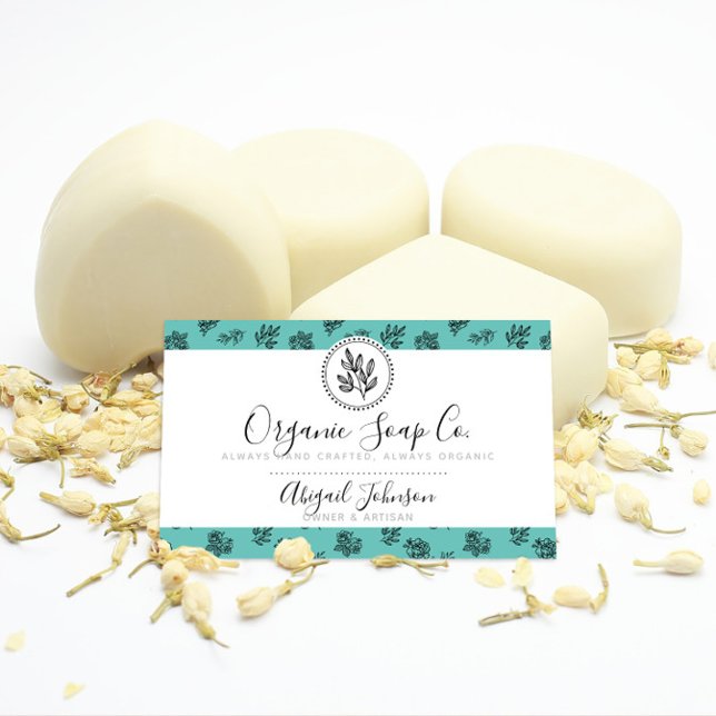 Hand-Drawn Roses and Leaves Artisan Teal Business Card (Creator Uploaded)