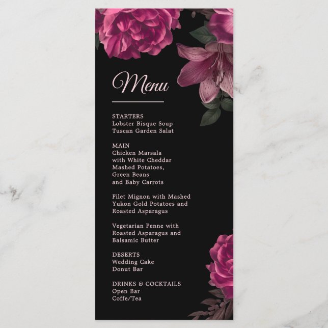Hand Drawn Roses Dark Romantic Wedding Menu (Front)