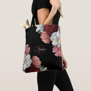 Hand Drawn Roses Flower Black Tote Bag