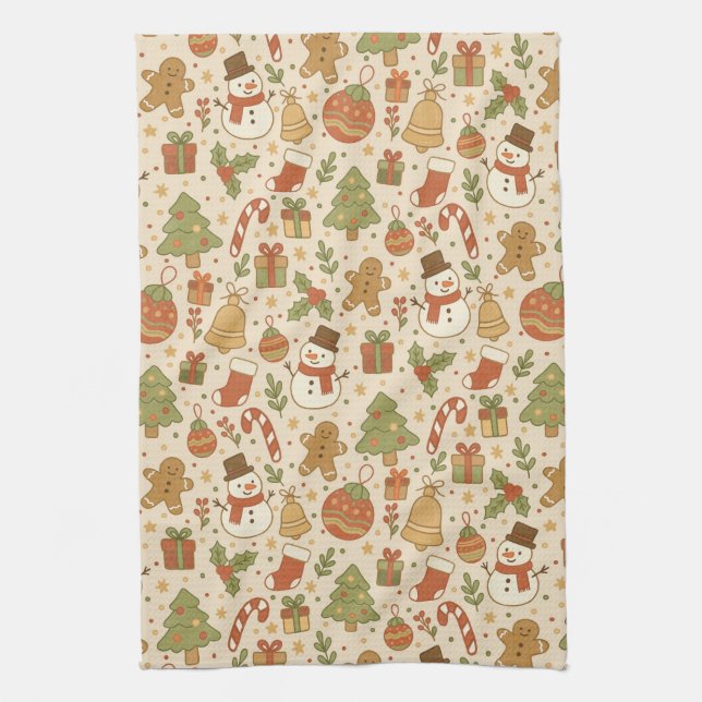Hand Drawn Rustic Christmas Pattern Kitchen Towel (Vertical)