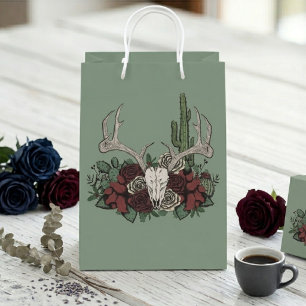 Hand-Drawn Sage Green Dark Floral Reindeer Medium Gift Bag