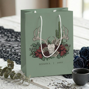 Hand-Drawn Sage Green Dark Floral Reindeer Medium Gift Bag