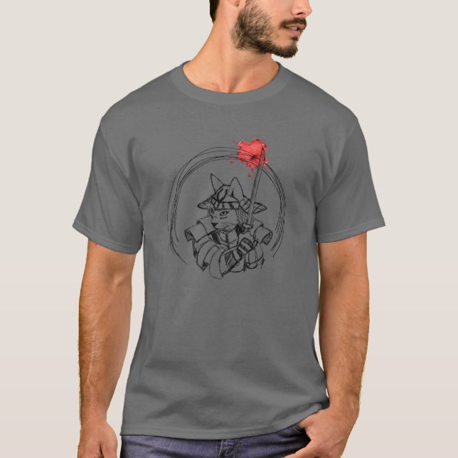 Hand Drawn Samurai Cat With Blood Splatters T-Shirt (Front)