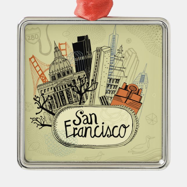 Hand Drawn San Francisco Metal Tree Decoration (Front)