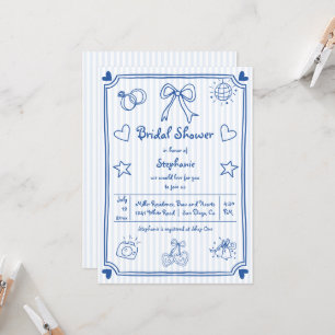  Hand drawn scribble blue stripes bridal shower Invitation