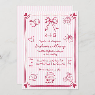 Hand drawn scribble doodle pink QR code wedding Invitation