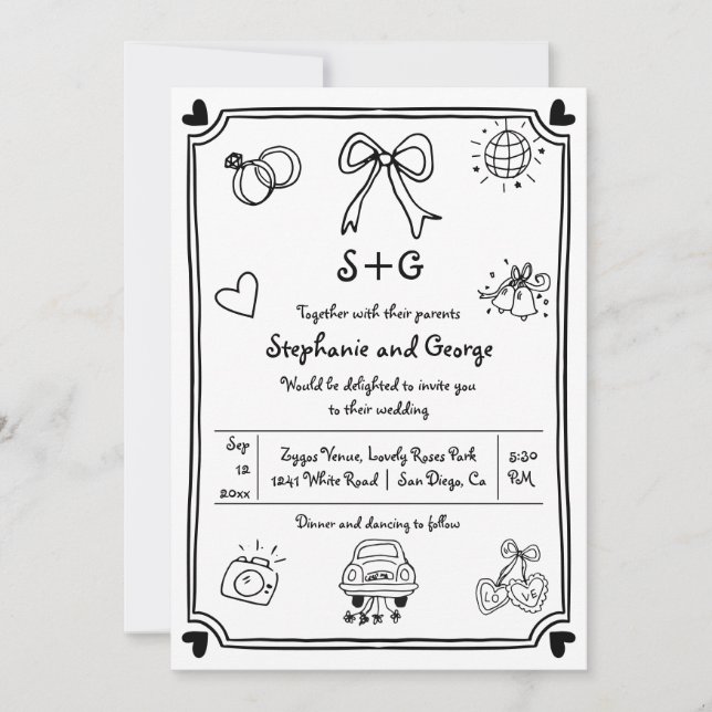  Hand drawn scribble doodle QR whimsical wedding Invitation (Front)