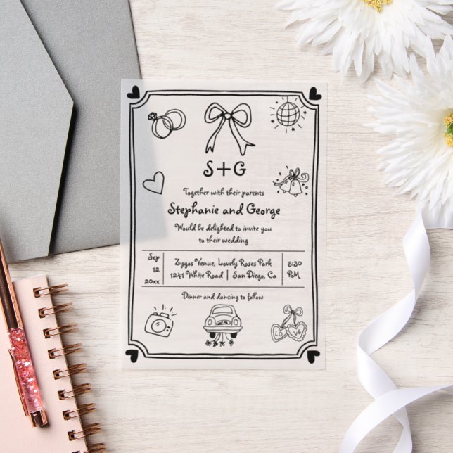  Hand drawn scribble doodle whimsical wedding Vellum Invitations (Wedding)