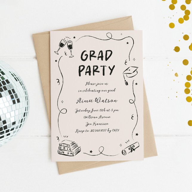 Hand-Drawn Scribble Doodles Graduation Party  Invitation (quirky graduation party invitation with whimsical doodles)