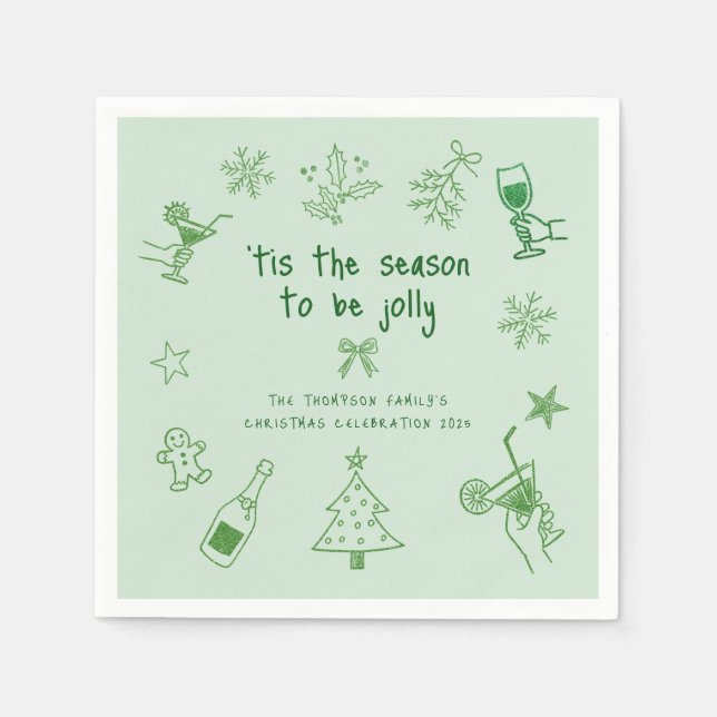 Hand Drawn Scribble Glitter Green Christmas Party Napkin (Front)
