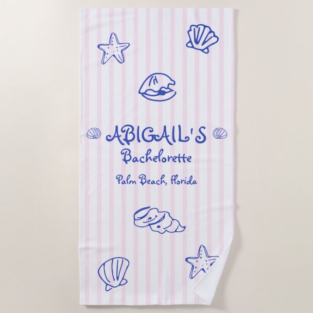 Hand drawn scribble sea shells pink bachelorette beach towel (Front)