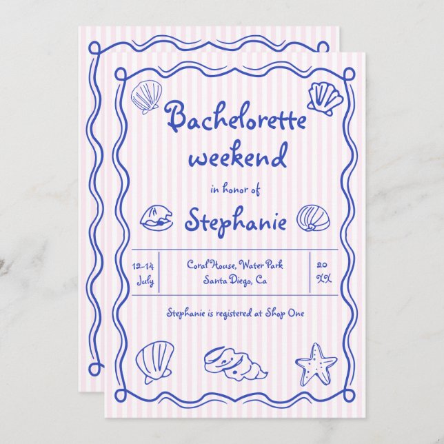 Hand drawn scribble sea shells pink bachelorette invitation (Front/Back)
