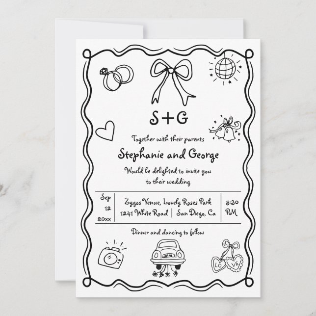  Hand drawn scribble squiggle whimsical wedding Invitation (Front)