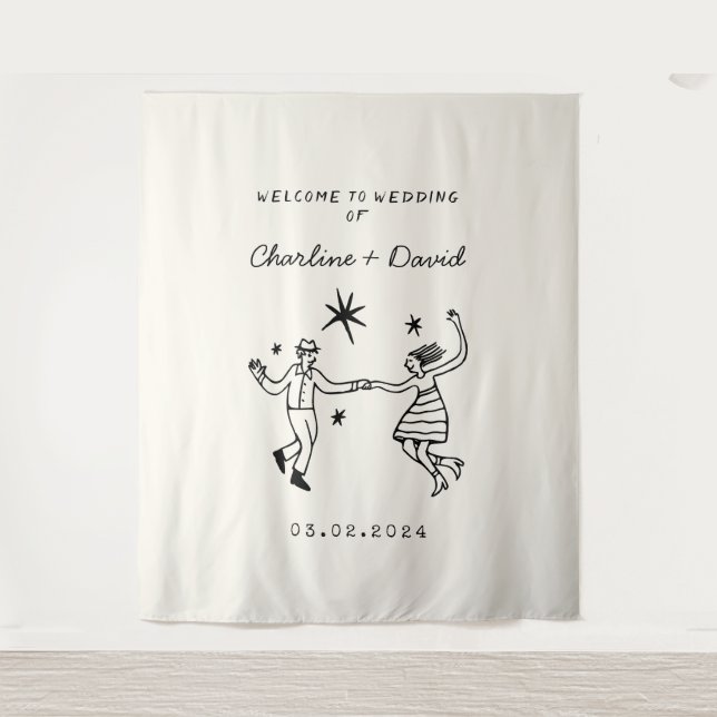 Hand Drawn Scribble Wedding Welcome Tapestry (Front)