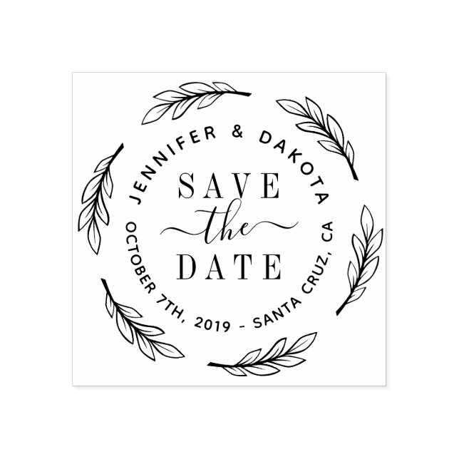 Hand Drawn Script & Botanical Wreath Save The Date Rubber Stamp (Imprint)