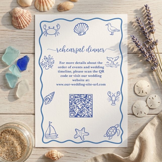 Hand Drawn Sea Life QR Code Rehearsal Dinner Enclosure Card (Creator Uploaded)
