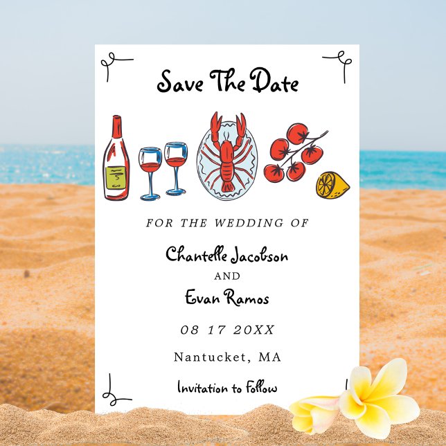 Hand Drawn Seafood Lobster Beach Themed Wedding Save The Date (Creator Uploaded)