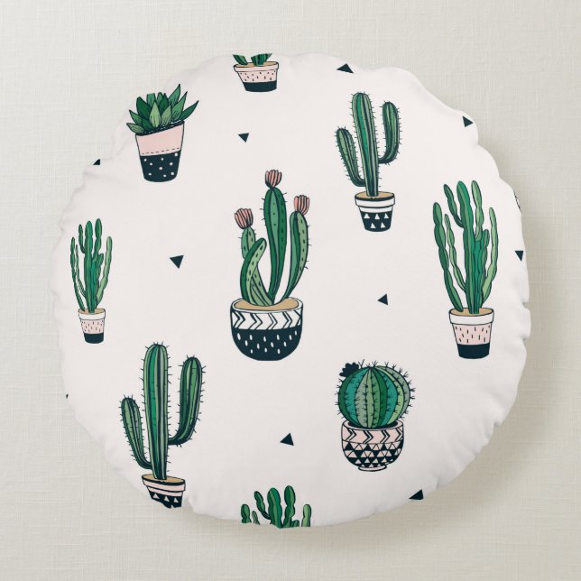 Hand drawn seamless pattern with cacti and succule round cushion (Front)