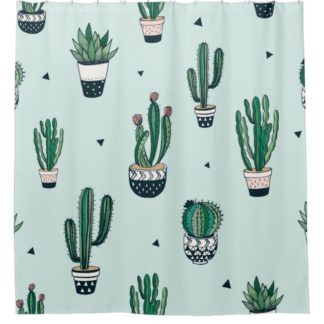 Hand drawn seamless pattern with cacti and succule shower curtain (Front)