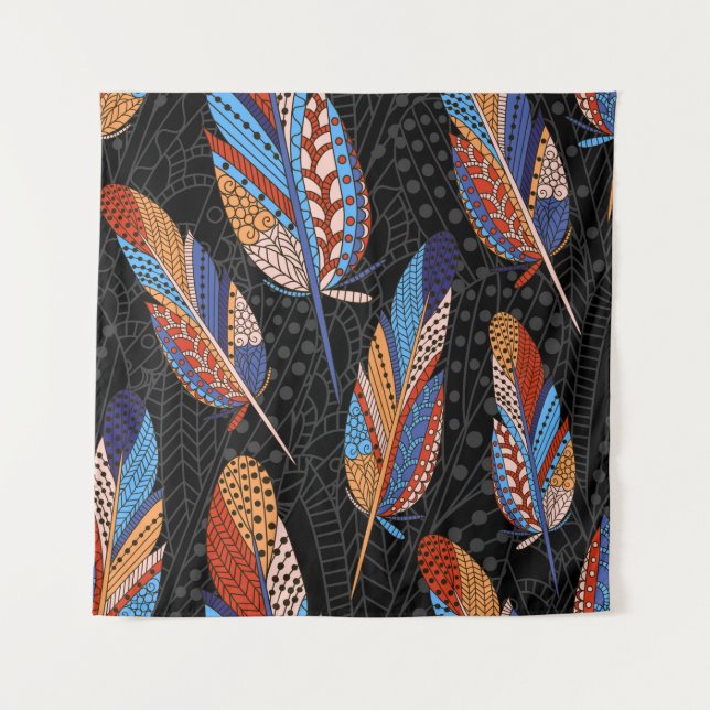 Hand drawn seamless pattern with feathers. Colorfu Tapestry (Front)