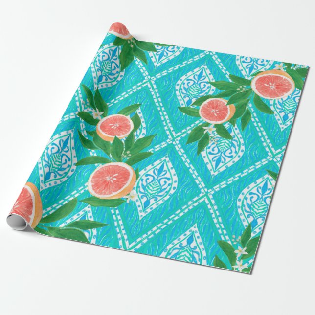 Hand drawn seamless pattern with grapefruit leaves wrapping paper (Unrolled)