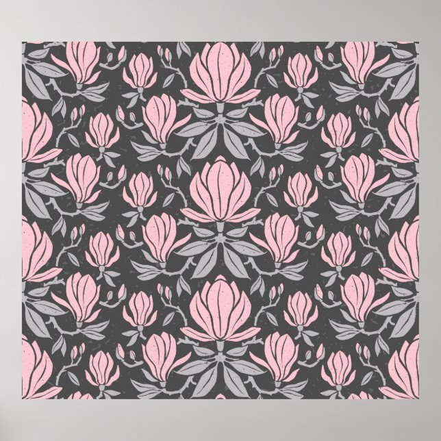 Hand-drawn seamless pattern with magnolia flowers. poster (Front)