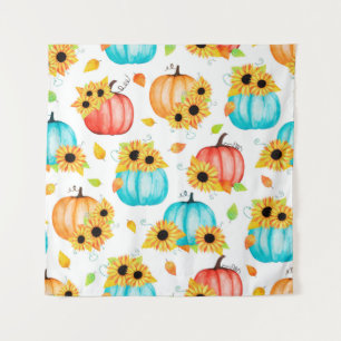 Hand drawn seamless pattern with sunflowers pumpki tapestry