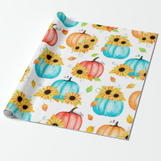Hand drawn seamless pattern with sunflowers pumpki wrapping paper
