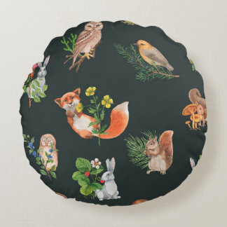 Hand drawn seamless pattern with watercolor forest round cushion