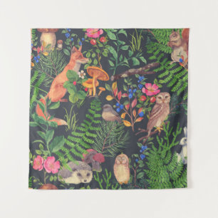 Hand drawn seamless pattern with watercolor forest tapestry